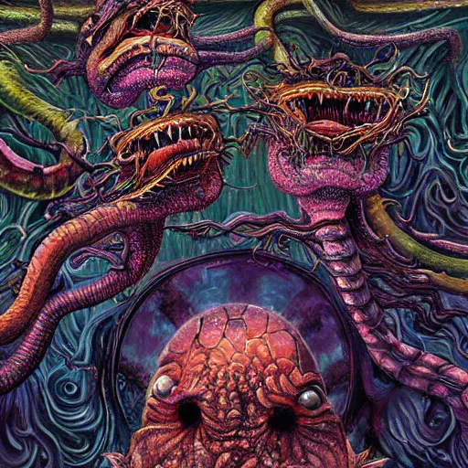 Image similar to a hyper - detailed high painting of giant heads joined by snakes, the heads are open they have spiked scales and sharp teeth, the mouth is open and monstrous beings of all kinds run and scream, psychedelic horror surreal art cosmic horror weird bizarre art