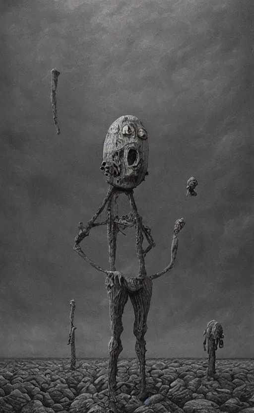 Image similar to spongebob squarepants in style of zdzisław beksinski, standing in wasteland, horror art, creepy, desolate