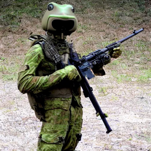 Image similar to a rare frog equipped with m 2 4 9 machine gun and night vision target acquisition system, photo from jane defence weekly