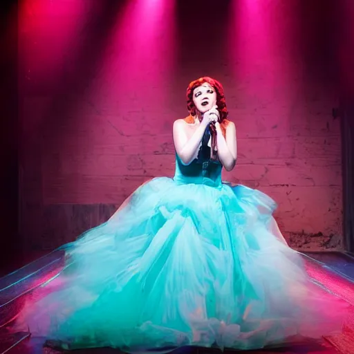 Image similar to beautiful actress singing on a stage of a broadway musical, colorful dress, rural setting, professional photography, theatrical lighting, volumetric lighting