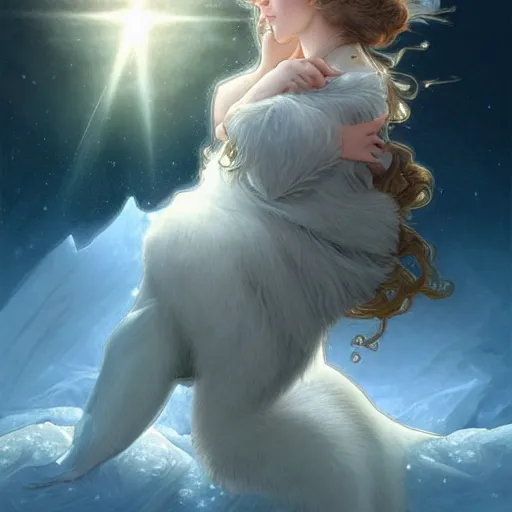 Image similar to portrait of omnipotent baby harp seal, ice and glaciers, arctic, fantasy, intricate, elegant, highly detailed, digital painting, smooth, sharp focus, illustration, art by artgerm and greg rutkowski and alphonse mucha