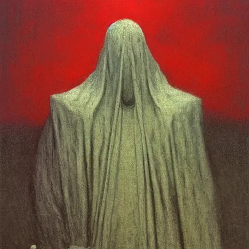 Image similar to The faceless god of chaos in a hood with a scarlet scythe by zdislav beksinski