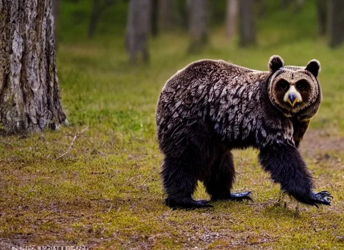 Image similar to an award winning photo of a owl - headed bear, very very bear, bear walking on all fours, full body portrait, forest, 4 k, wildlife photography, high quality, national geographic