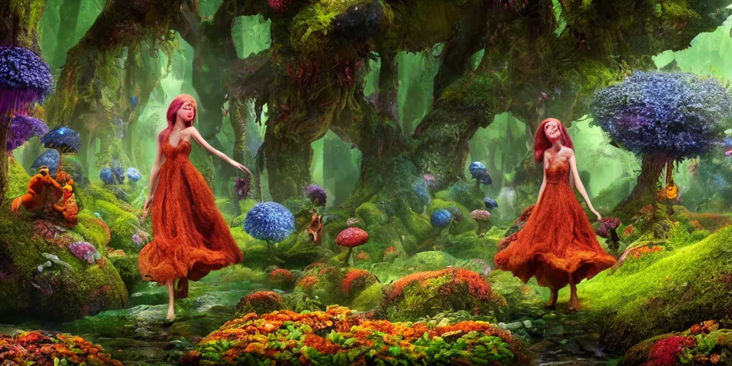 Image similar to beautiful fae queen walks through happy trippy fungal landscape, weta pixar 8 k detailed face