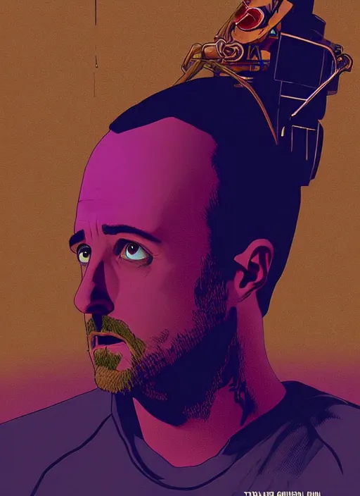 Image similar to highly detailed poster artwork by Michael Whelan and Tomer Hanuka, of Jessie Pinkman, from scene from Breaking Bad, clean