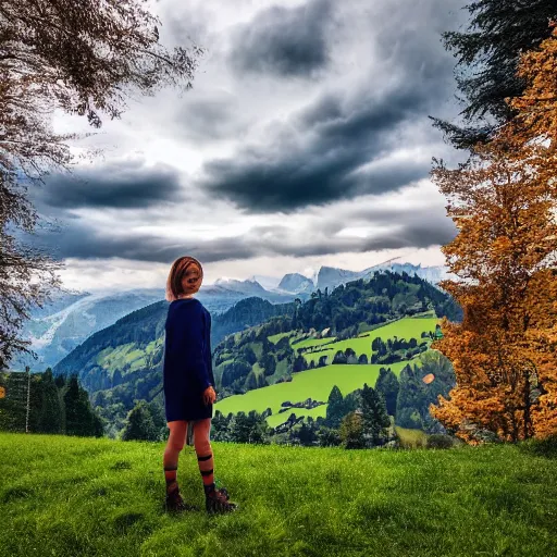 Image similar to a beautiful photograph of a girl with switzerland landscape in the background with trees, hdr, 8 k, high quality, sharp focus, artstation, highly detailed, award - winning, dramatic lighting, beautiful clouds, and nature