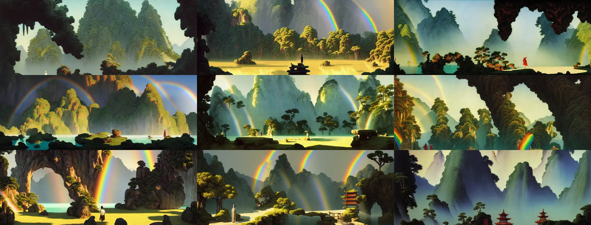 Image similar to a gorgeous landscape painting by barlowe wayne, maxfield parrish and marco mazzoni. chinese temple. sunny morning. a lonely chinese wuxia walks on the winding stone steps, stone gate to the dark cave, 3 d, octane render, turbulent lake, waterfall. fog, just one rainbow. 8 k.