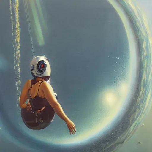 Image similar to woman in flight suit plunging into an abyss, bubbles, currents, dyson sphere, wet reflections, prism, atmospheric, ambient, pj crook, syd mead, livia prima, artgerm, greg rutkowski, nick alm, casey baugh