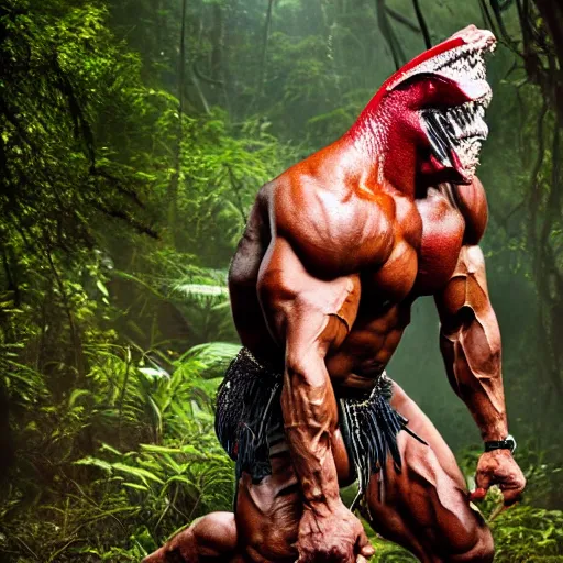 Image similar to a yautja predator in the jungle 4 k, high resolution, still, landscape, hd, dslr, hyper realistic, body builder, mr universe