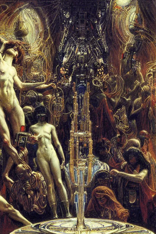 Prompt: a painting of cyborg philosopher skrying the techno altar by gustav moreau, jean delville and  Gaston Bussiere