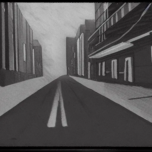 Image similar to A polaroid of a street with no one on it but a eldritch creature. Black and white, grainy, dark colors, cinematic lighting, hyper detailed, trending on art station.