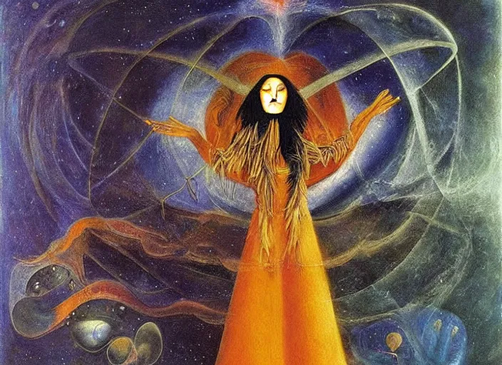 Prompt: a shaman!! woman holding up the cosmic!! universe, by remedios varo, reflection, symbolist, psychedelic colors, dramatic lighting, smooth, sharp focus, extremely detailed, aesthetically pleasing composition