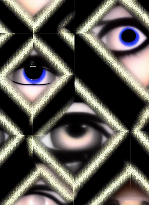 Image similar to grid montage of cube shaped eyes cubes, square shaped black dilated pupils cubes, cube shaped irises, detailed colored textures, lashes, advanced art, art styles mix, wet reflections in square eyes, sunshine light, hd macro photograph, from side, various eyelid positions, square black pupil centered