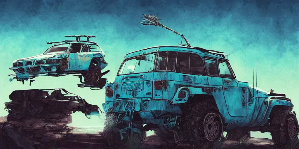 Image similar to digital illustration of a futuristic faded cyan mad max's fj 4 0 decrepit!!!! pursuit special, rusty!!! cyberpunk nissan fj cruiser heavily modded 1 9 9 0 s, the last v 8 interceptor by makoto shinkai, ilya kuvshinov, lois van baarle, rossdraws, basquiat