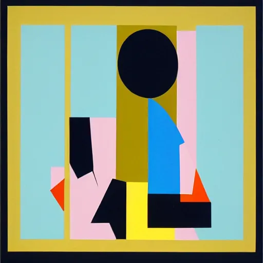 Image similar to A painting of person standing in front of a window, abstract painting in the style of Sophie Taeuber-Arp and Gary Hume and Tatsuro Kiuchi, flat colour-block style, geometric abstraction, dark colours