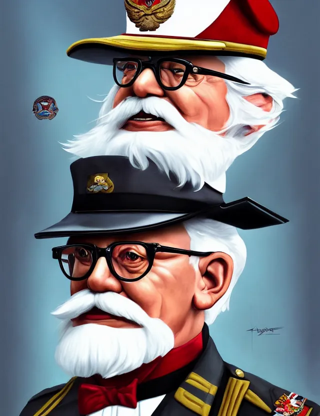 Image similar to a portrait of colonel sanders wearing a military uniform and an eyepatch, by moebius and tyler edlin and hr giger, trending on artstation, digital art, 4 k resolution, detailed, high quality, sharp focus, hq artwork, coherent, insane detail, concept art