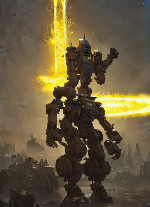 Image similar to human-sized strong intricate yellow pit droid carrying very detailed perfect antique great sword and beautiful large paladin shield, pancake short large head, exposed metal bones, painterly humanoid mecha, slightly far away, by Greg Rutkowski, epic painting