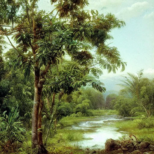 Image similar to tropical fruit trees and white milk river, mangos, painting by ivan shishkin