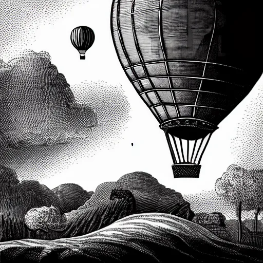 Image similar to a small victorian air balloon over a fantasy landscape, line art illustration , black and white, intricate details