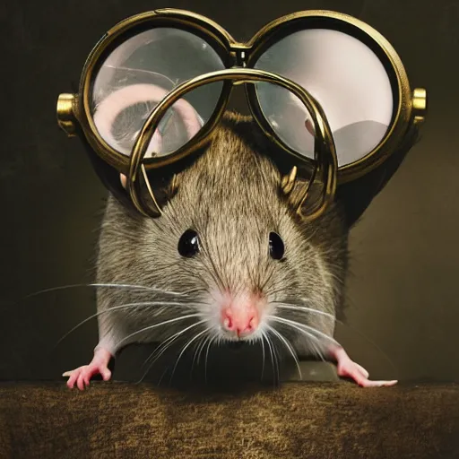 Image similar to a rat with steampunk googles, by gregory crewdson