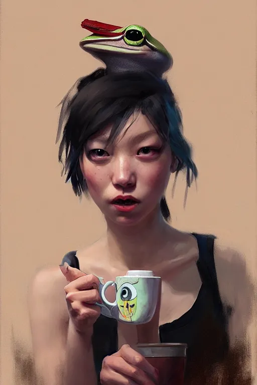 Image similar to portrait of a punk girl on a date with pepe! the frog! drinking coffee in the style of fenghua zhong and ruan jia and jeremy lipking and peter mohrbacher, extremely detailed digital painting, 8 k