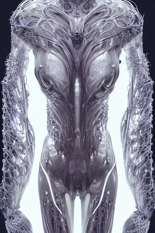 Image similar to iris van herpen, perfect symmetrical body, full body shot, inflateble shapes, wires, tubes, veins, jellyfish, white biomechanical details, wearing epic bionic cyborg implants, masterpiece, intricate, biopunk, vogue, highly detailed, artstation, concept art, cyberpunk, octane render