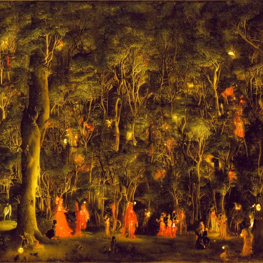 Prompt: a night carnival around a magical tree cavity, with a surreal orange moonlight and fireworks in the background, next to a lake with iridiscent water, christmas lights, folklore animals and people disguised as fantastic creatures in a magical forest by summer night, masterpiece painted by paul delaroche, dark night environment