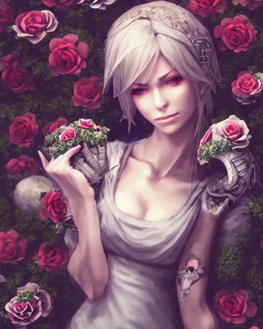 Image similar to an elegant lady surrounded by skulls in a garden full of roses, final fantasy, final fantasy, cushart krenz, very detailed, realistic face, detailed face, matte, tonemapping, perfection, 4 k,