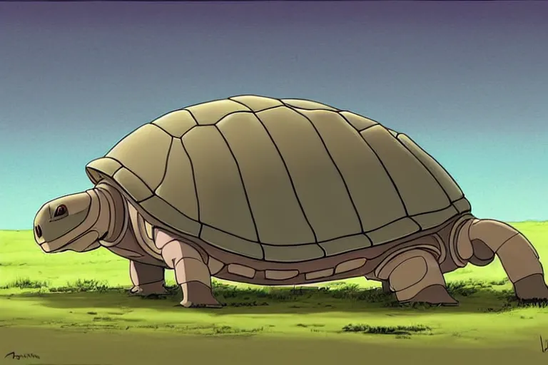 Prompt: a study of a cell shaded cartoon of a grey mechanized tortoise from howl's moving castle ( 2 0 0 4 ), crossing a stream, full body, wide shot, very muted colors, post grunge, studio ghibli, laurie greasley, highly detailed, deviantart, art by artgem