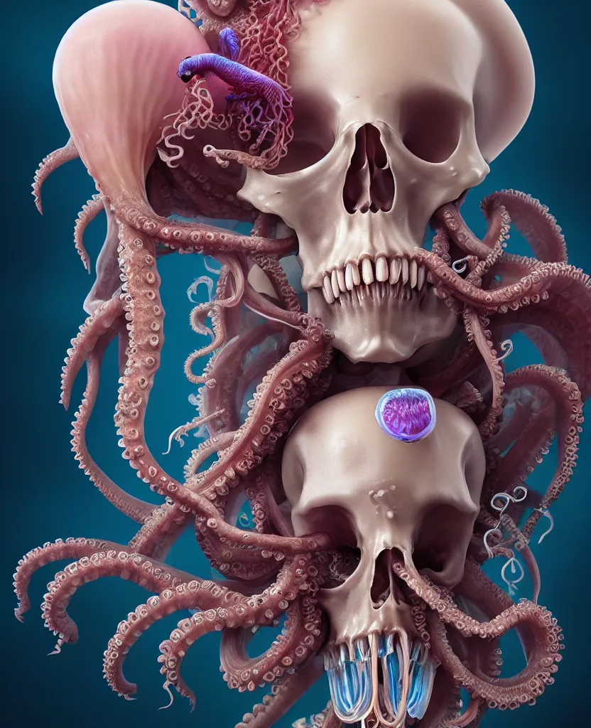 Image similar to goddess close - up portrait human skeleton, ram skull, octopus, jellyfish, orchid, betta fish, bioluminiscent, intricate artwork by tooth wu and wlop and beeple. octane render, trending on artstation, greg rutkowski very coherent symmetrical artwork. cinematic, hyper realism, high detail, octane render, 8 k