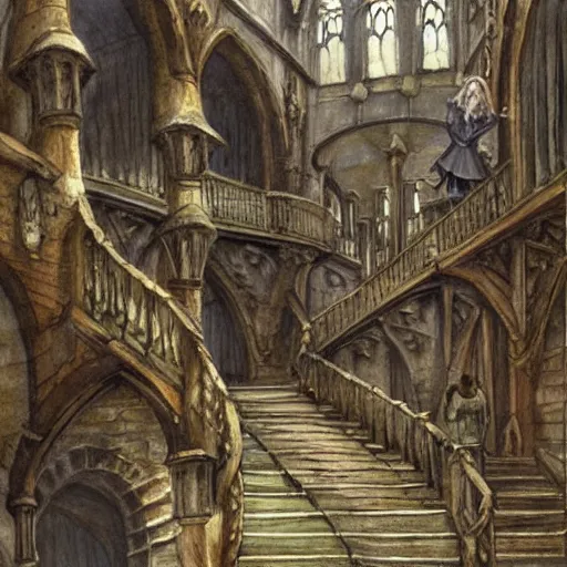 Image similar to hogwarts grand staircase, a detailed matte painting by anton pieck, deviantart contest winner, fantasy art, concept art, official art, matte drawing