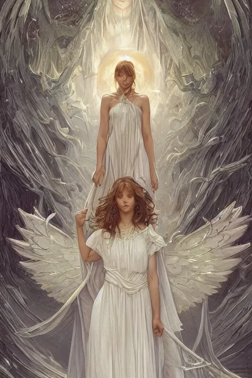 Image similar to Angels in white gauze dresses, the glow of the moonlight, fantasy, intricate, elegant, highly detailed, digital painting, artstation, concept art, matte, sharp focus, illustration, art by Artgerm and Greg Rutkowski and Alphonse Mucha