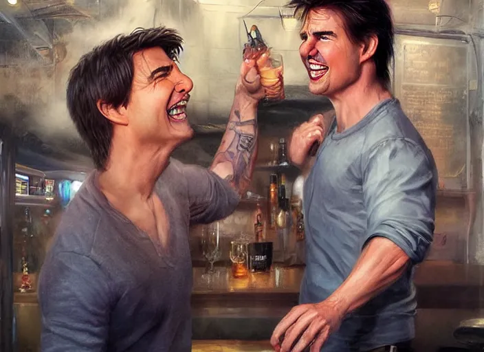 Image similar to hyper realistic tom cruise hanging out with tom cruise at a bar, all overly excited, jaw unhinged with laughter and smiling, all teeth, by greg rutkowski, scott m fischer, artgerm, loish, slight glow, atmospheric, anne stokes, alexandros pyromallis