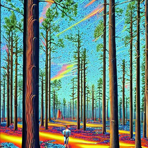 Prompt: psychedelic, trippy, pine forest, cartoon by rob gonsalves, sharp focus, colorful refracted sparkles and lines, soft light