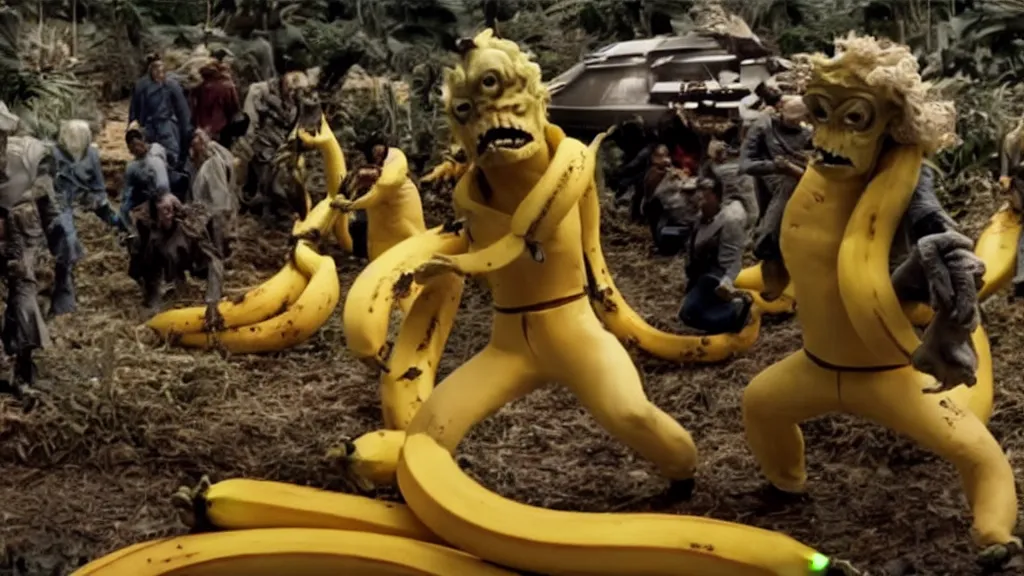 Image similar to a giant monster made of bananas killing crew on star trek, film still from the movie directed by Denis Villeneuve with art direction by Salvador Dalí, wide lens