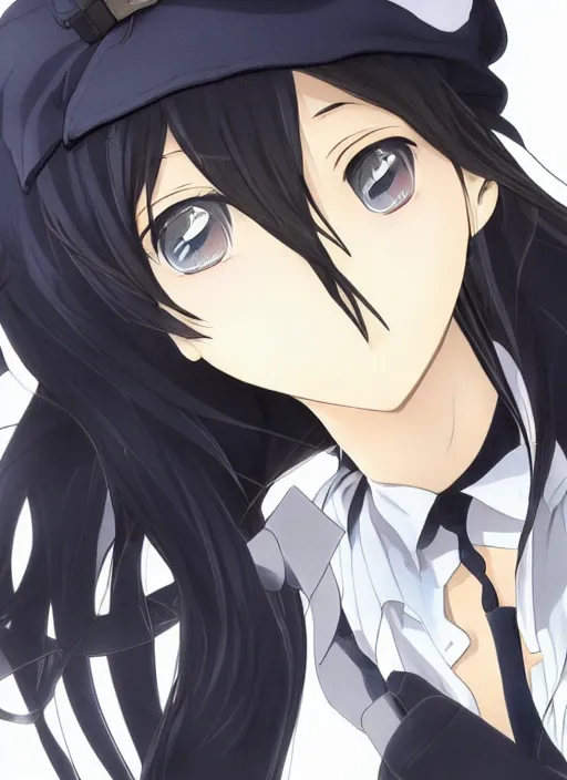 Image similar to key anime visual of a beautiful girl wearing a beige beret and blue shirt; long black hair; anime; drawn by Shigenori Soejima; 3 tone colors