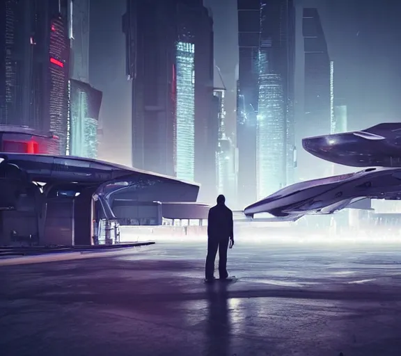 Image similar to man waits for futuristic sci fi jet landed at runway of cyberpunk city, night photo ,dark cinematic lighting , digital concept art