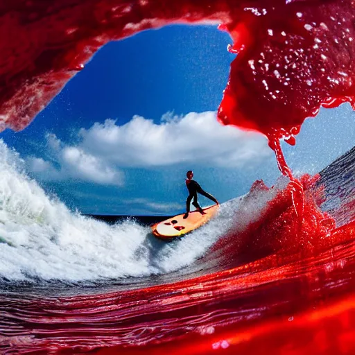 Image similar to a surfer surfing on a large wave of ketchup by alena aenami, through a sea made of ketchup, on a sunny day, 8 k, wide angle photography