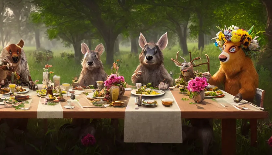 Image similar to a table dinner of animals where animals are dressed like the characters from the midsommar movie wearing flowers, realistic detailed digital art by maxwell boas jessica rossier christian dimitrov anton fadeev trending on artstation cgsociety rendered in unreal engine 4 k hq