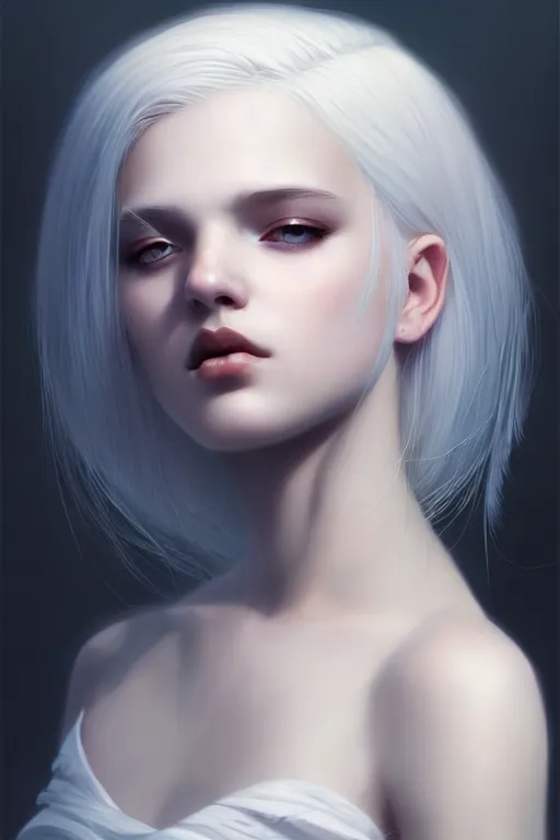 Prompt: teen girl, white hair, gorgeous, amazing, elegant, intricate, highly detailed, digital painting, artstation, concept art, sharp focus, illustration, art by Ross tran and kuvshinov, photography portrait by Paolo Roversi