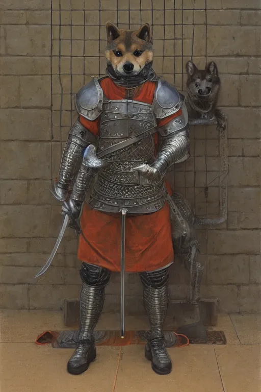 Image similar to a detailed matte portrait of an anthropomorphic shiba inu in steel plate armor, shiba inu face, very large longsword leaning against the side of a tavern, city streets, masterpiece, 8 k, art by donato giancola and greg rutkowski and wayne barlow and zdzisław beksinski