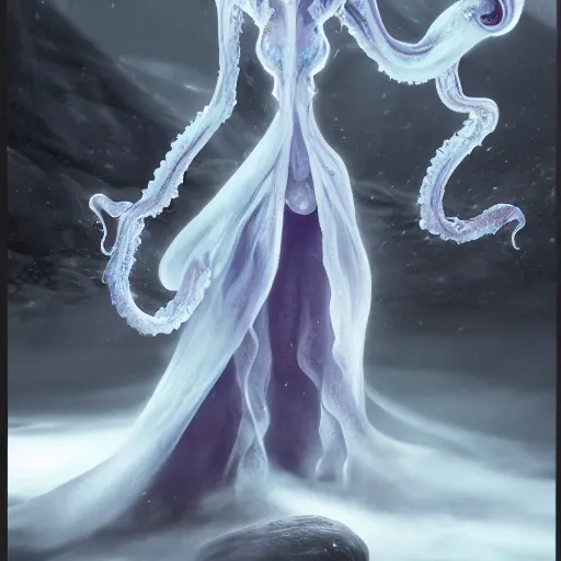 Image similar to concept designs of an ethereal ghostly wraith like figure with a squid like parasite latched onto its transparent skull and long tentacle arms that flow lazily but gracefully at its sides like a cloak while it floats around a frozen rocky tundra in the snow searching for lost souls and that hides amongst the frosted trees, this character has hydrokinesis and electrokinesis for the franchise Bloodborne in the style of arcane the series on netflix