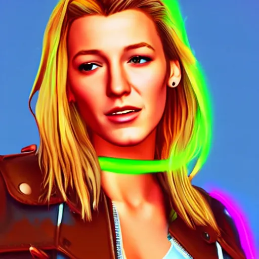 Image similar to blake lively portrait, gta, game, character, highly detailed, 8 0 s, neon, los angeles, neon