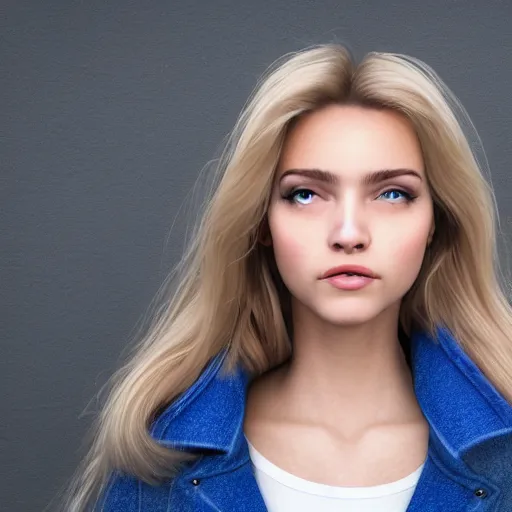 Prompt: a portuguese girl with white - fair!!!!! skin, dirty blonde hair and blue eyes, wearing a disney land coat and blue jeans, 4 k, 8 k, photorealistic facial features