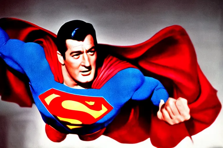 Image similar to rock hudson playing superman in, superhero, dynamic, 3 5 mm lens, heroic, studio lighting, in colour