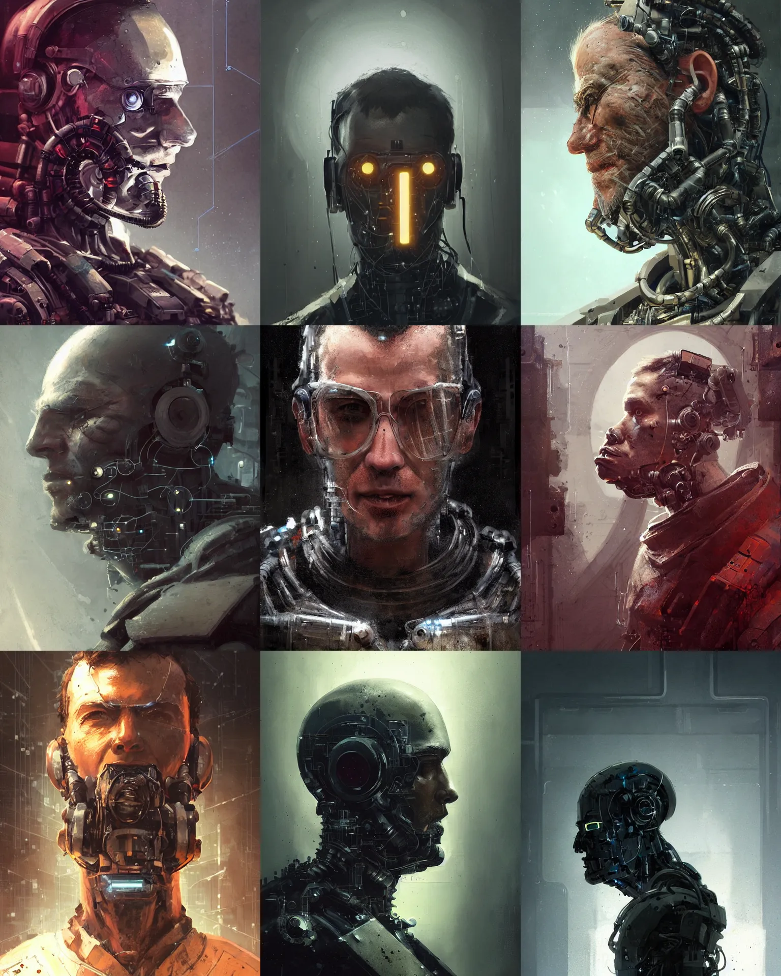 Image similar to a half - masked rugged laboratory engineer man with cybernetic enhancements as seen from a distance, scifi character portrait by greg rutkowski, craig mullins, 1 / 4 headshot, cinematic lighting, dystopian scifi outfit, profile picture, mechanical, cyborg, half robot, dieselpunk