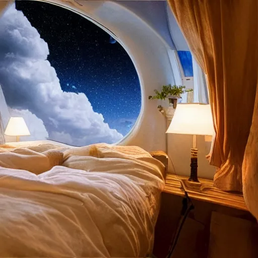 Image similar to Cozy bedroom aboard a flying ship window looks on moonlit clouds and stars, soft bed blankets wood paneling hyperrealism