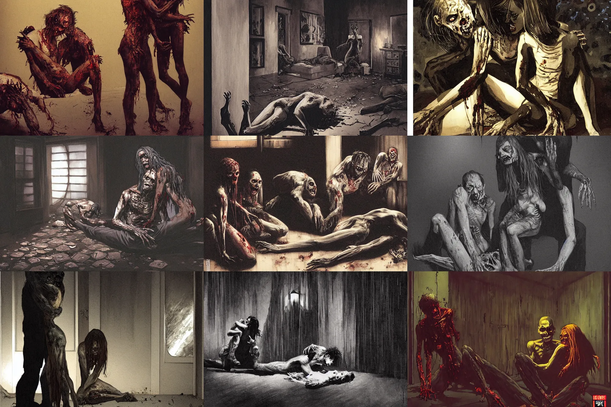 Prompt: zombie man sitting on the floor while devouring a woman, hugging each other in the darkness, eerie living room of a modern house, night, by gerald brom and vincent di fate, epic cinematic matte painting