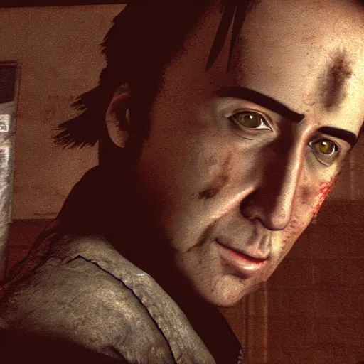 Image similar to nicolas cage in silent hill pc game, 3 d model, screenshot
