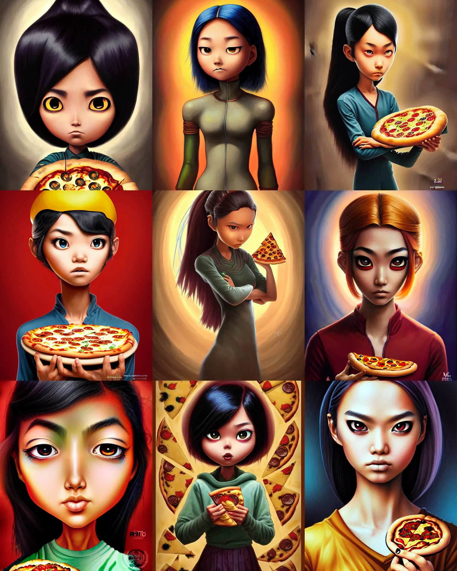 Prompt: an epic fantasy comic book style portrait painting of a young malaysian woman, pizza baker, cheese, expressive, dark piercing eyes, tan skin, beautiful futuristic hair style, awesome pose, character design by mark ryden pixar hayao miyazaki, ue 5